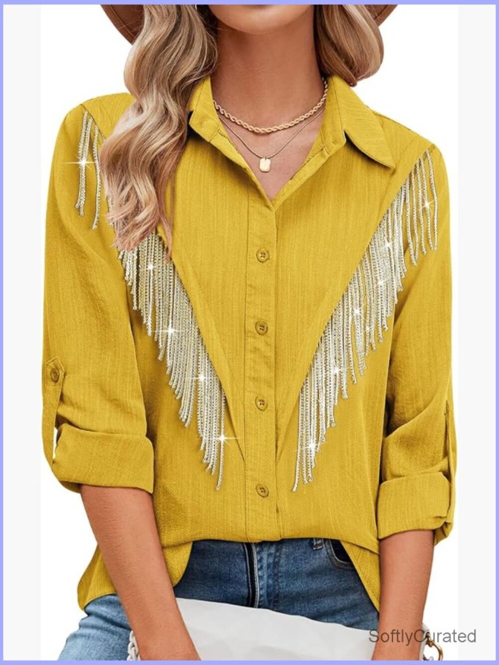 Sparkly Fringe Button Down Shirt Rolled 3/4 Sleeve Western Cowgirl Top